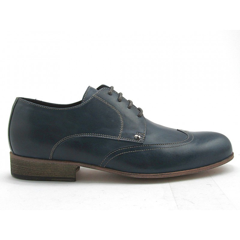 Zapato derby para hombre con cordones y decoraciones a punta de ala en piel de color azul  - Tallas disponibles:  38