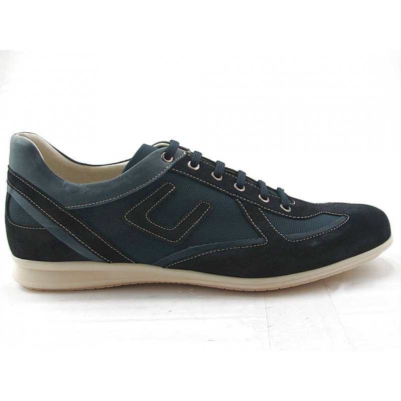 Small or large Lace-up sportshoe in dark blue suede, leather and fabric ...