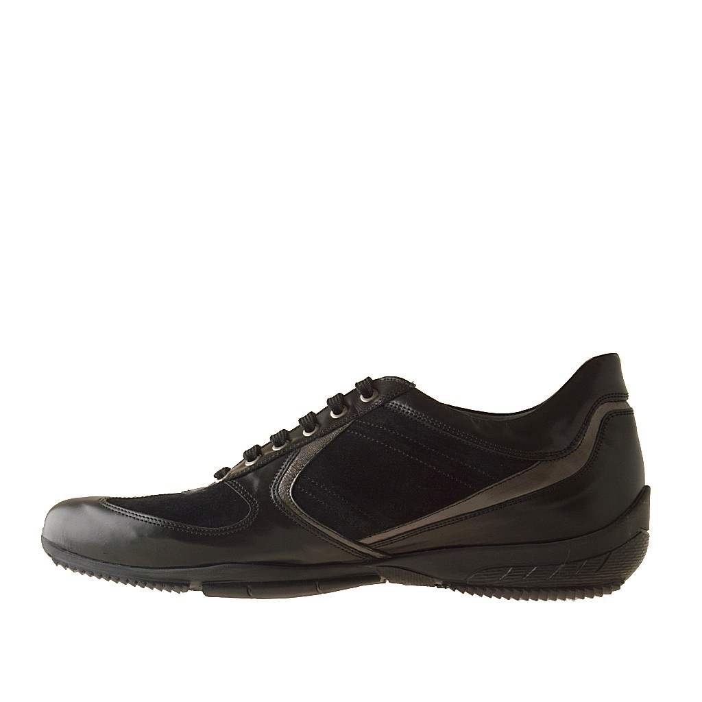 Men lace-up sportshoe with laces in black leather and suede ...