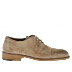 Men's laced derby shoe with floral captoe in beige leather - Available sizes:  50