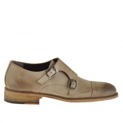 Man's elegant shoe with two buckles and captoe in beige leather - Available sizes:  49, 50