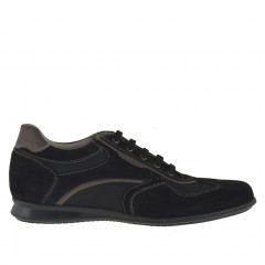 Chaussure sportif à lacets pour hommes en daim et tissu noir et cuir taupe - Pointures disponibles:  46