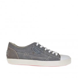 Men's laced sports shoe in smoke-colored fabric and grey leather  - Available sizes:  36