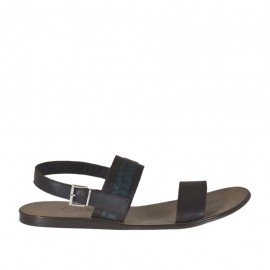 Men's sandal in dark brown leather and green printed leather - Available sizes:  47, 48, 49, 51, 52