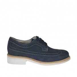 Men's casual laced derby shoe with brogue wingtip in blue nubuck leather - Available sizes:  37, 47