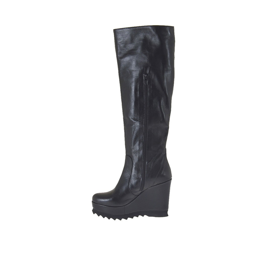 black leather boots with wedge heel