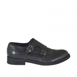 Men's elegant shoe with captoe and two buckles in black leather - Available sizes:  38