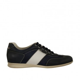 Chaussure sportif à lacets pour hommes en cuir blanc et bleu et tissu bleu - Pointures disponibles:  47