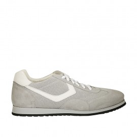 Chaussure à lacets sportif pour hommes en daim et daim perforé gris et cuir blanc - Pointures disponibles:  46