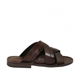 Men's slipper in dark brown leather and printed leather - Available sizes:  37, 38, 46, 47, 48, 49, 50