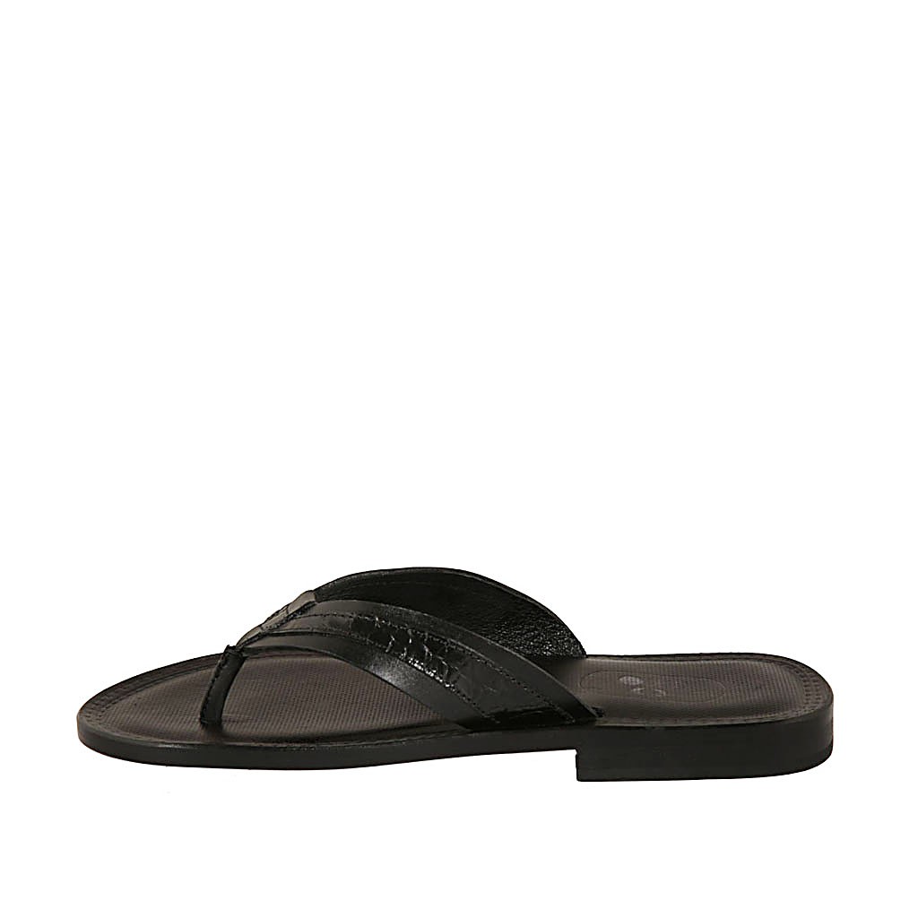Men's flip-flop slipper in black leather and printed leather