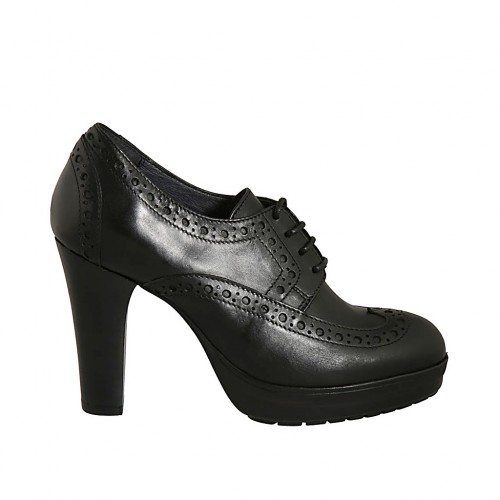 tela Simpático Desfiladero Zapato con cordones para mujer en piel negra con plataforma interna tacon 9