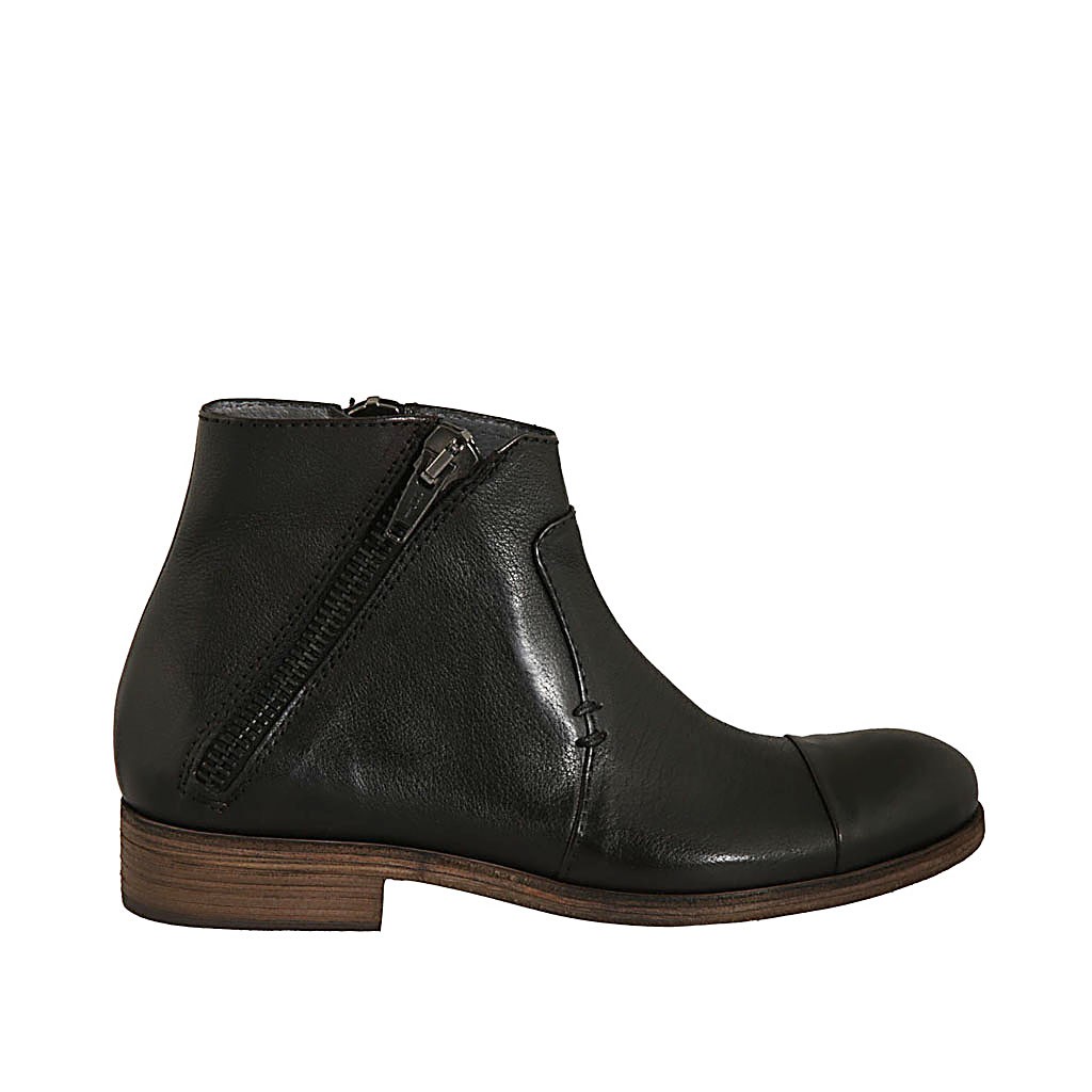 Men's ankle boot with double zipper in black leather