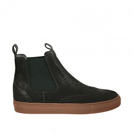 Men's ankle boot in black leather with green elastic bands and Brogue wingtip - Available sizes:  38