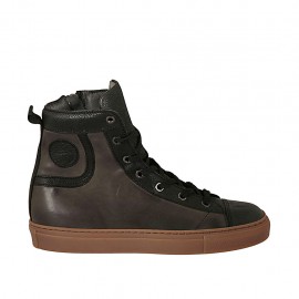 Men's ankle high laced shoe with zipper in black and grey leather - Available sizes:  37