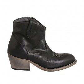 Botin tejano para mujer con cremallera y puntera bordada en piel negra tacon 5 - Tallas disponibles:  33