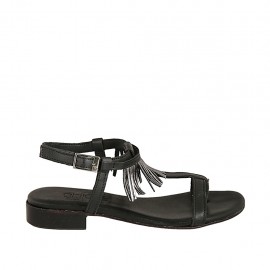 Woman's thong sandal with strap in black leather with steel grey fringes heel 2 - Available sizes:  33