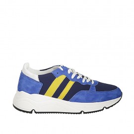 Zapato con cordones y plantilla extraible para mujer en piel blanca y amarillo, gamuza azul aciano y tejido azul cuña 5 - Tallas disponibles:  42