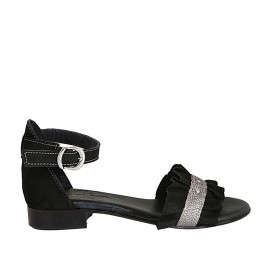 Woman's open shoe with strap in black suede and grey printed leather heel 2 - Available sizes:  33