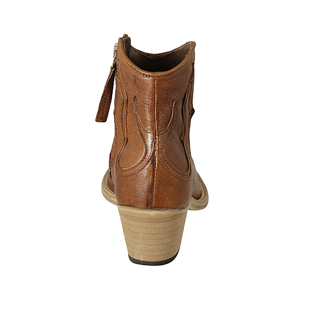 Woman's Texan ankle boot with zipper in tan brown leather heel 5