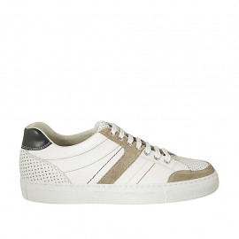 Men's sports laced shoe in blue and white leather, white pierced leather and beige suede  - Available sizes:  46