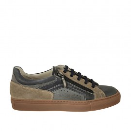 Men's laced shoe with zipper and removable insole in blue grey leather and taupe suede - Available sizes:  50