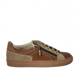 Men's laced shoe with zipper and removable insole in brown and tan leather and taupe suede - Available sizes:  37, 47