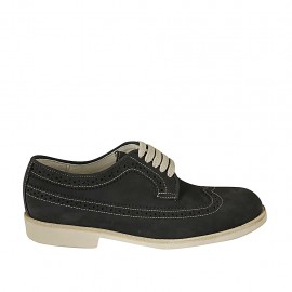 Men's casual laced derby shoe with wingtip in blue nubuck leather - Available sizes:  46, 47