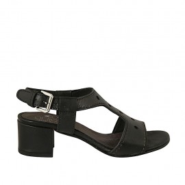 Woman's sandal in black pierced leather heel 4 - Available sizes:  32, 43