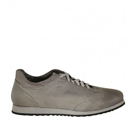 Man's laced shoe with removable insole in grey leather and pierced leather - Available sizes:  47