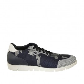 Men's laced casual shoe with removable insole in blue and white leather and blue and grey fabric - Available sizes:  46, 47