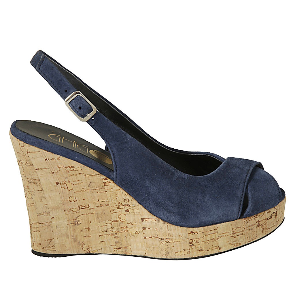 sandal in blue suede wedge heel 10 