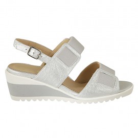 Woman's sandal with elastic bands in silver laminated leather wedge heel 5 - Available sizes:  31