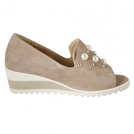 Woman's open shoe with pearls and studs in rose suede wedge heel 4 - Available sizes:  34, 43