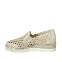 Woman's mocassin with elastic bands in beige pierced and platinum laminated suede wedge heel 4 - Available sizes:  42, 45