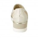 Woman's mocassin with elastic bands in beige pierced and platinum laminated suede wedge heel 4 - Available sizes:  42, 45