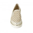 Woman's mocassin with elastic bands in beige pierced and platinum laminated suede wedge heel 4 - Available sizes:  42, 45