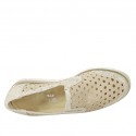 Woman's mocassin with elastic bands in beige pierced and platinum laminated suede wedge heel 4 - Available sizes:  42, 45