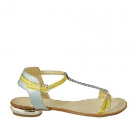 Woman's thong sandal with strap in turquoise, yellow and green laminated leather heel 1 - Available sizes:  33, 42