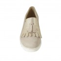 Woman's mocassin with elastic bands, fringes and tassels in beige suede and platinum printed suede wedge heel 4 - Available sizes:  42