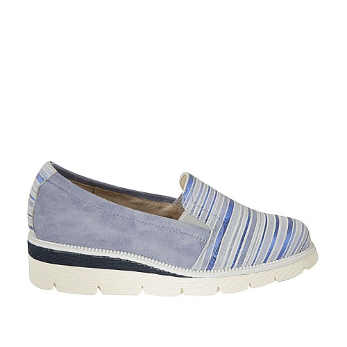 Woman's mocassin with elastic bands in light blue suede and blue, light blue and white striped printed suede wedge 4 - Available sizes:  43