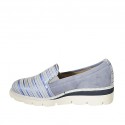 Woman's mocassin with elastic bands in light blue suede and blue, light blue and white striped printed suede wedge 4 - Available sizes:  43