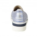 Woman's mocassin with elastic bands in light blue suede and blue, light blue and white striped printed suede wedge 4 - Available sizes:  43