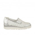 Woman's mocassin with elastic bands in pierced white and silver laminated leather wedge 3 - Available sizes:  42