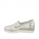 Woman's mocassin with elastic bands in pierced white and silver laminated leather wedge 3 - Available sizes:  42