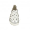 Woman's mocassin with elastic bands in pierced white and silver laminated leather wedge 3 - Available sizes:  42