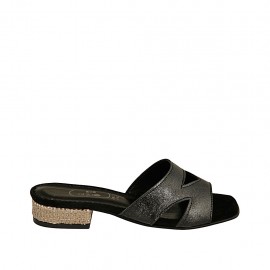 Sabot aperto da donna in pelle laminata nera e tessuto beige platino tacco 2 - Misure disponibili: 32, 33, 34, 42, 43, 44, 45