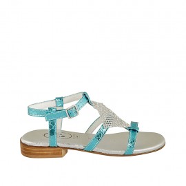 Sandalo da donna con strass in pelle laminata e stampata azzurra tacco 2 - Misure disponibili: 32