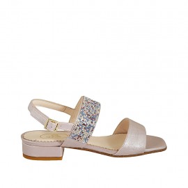 Sandale pour femmes en cuir lamé rose avec strass multicouleurs talon 2 - Pointures disponibles:  32