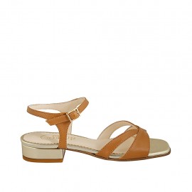 Woman's strap sandal in tan leather and platinum patent leather heel 2 - Available sizes:  32